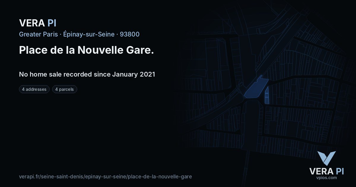 Place de la Nouvelle Gare, Épinay-sur-Seine at night – every parcel coloured by the prices around it, the street's own parcels lit