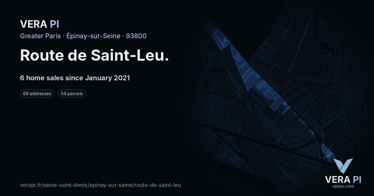 Route de Saint-Leu, Épinay-sur-Seine at night – every parcel coloured by the prices around it, the street's own parcels lit