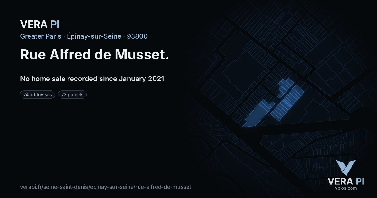 Rue Alfred de Musset, Épinay-sur-Seine at night – every parcel coloured by the prices around it, the street's own parcels lit