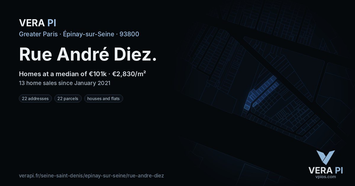 Rue André Diez, Épinay-sur-Seine at night – every parcel coloured by the prices around it, the street's own parcels lit