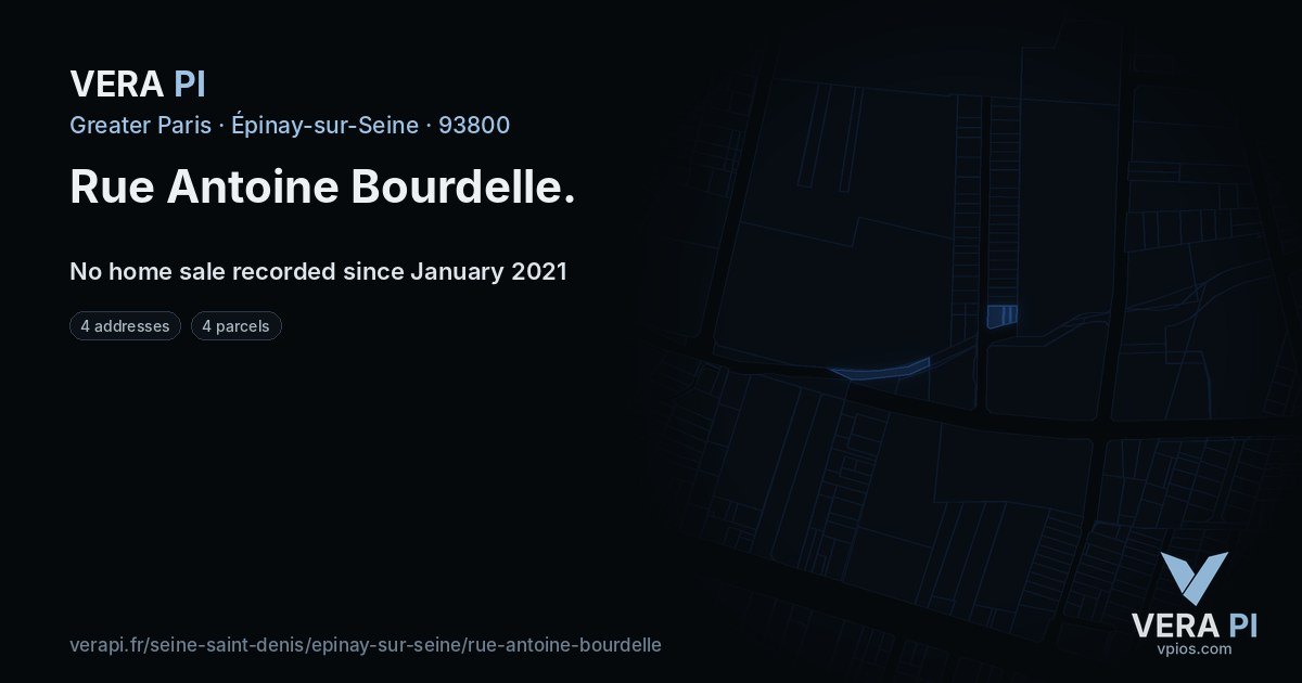 Rue Antoine Bourdelle, Épinay-sur-Seine at night – every parcel coloured by the prices around it, the street's own parcels lit