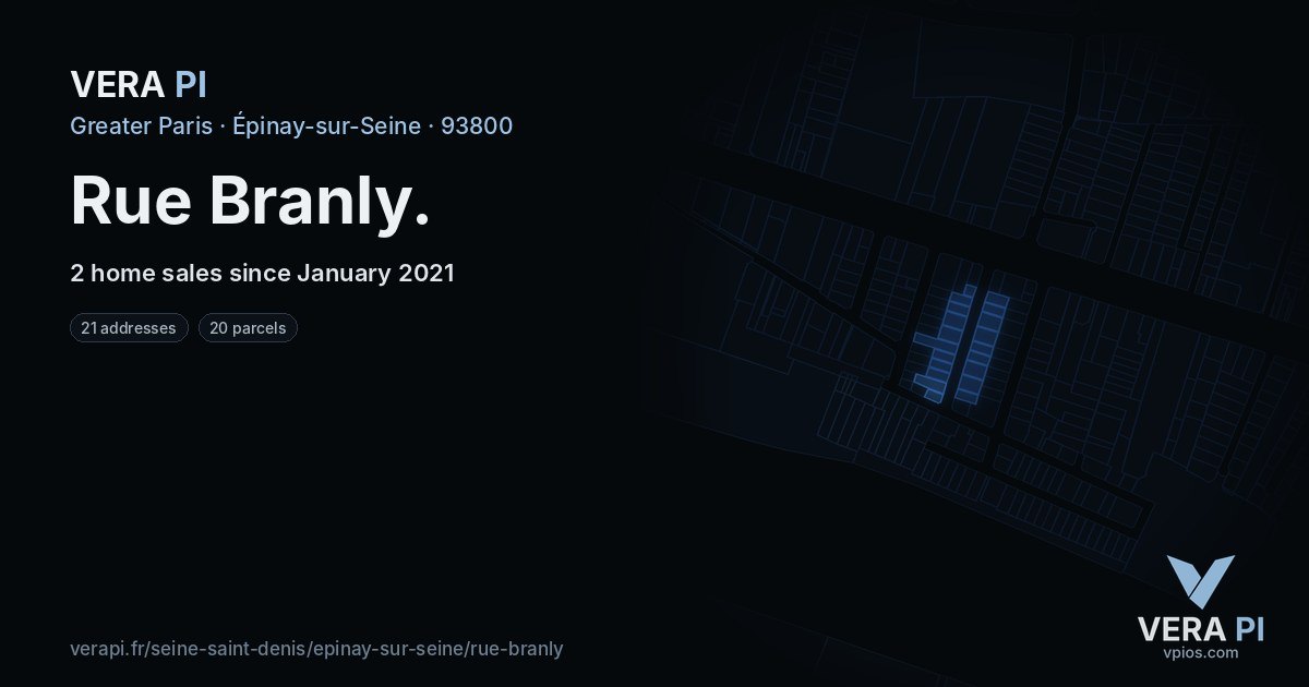 Rue Branly, Épinay-sur-Seine at night – every parcel coloured by the prices around it, the street's own parcels lit