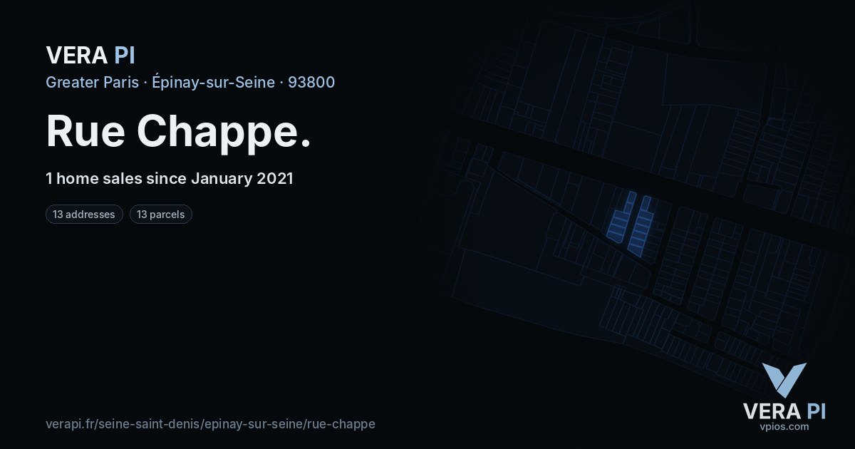 Rue Chappe, Épinay-sur-Seine at night – every parcel coloured by the prices around it, the street's own parcels lit