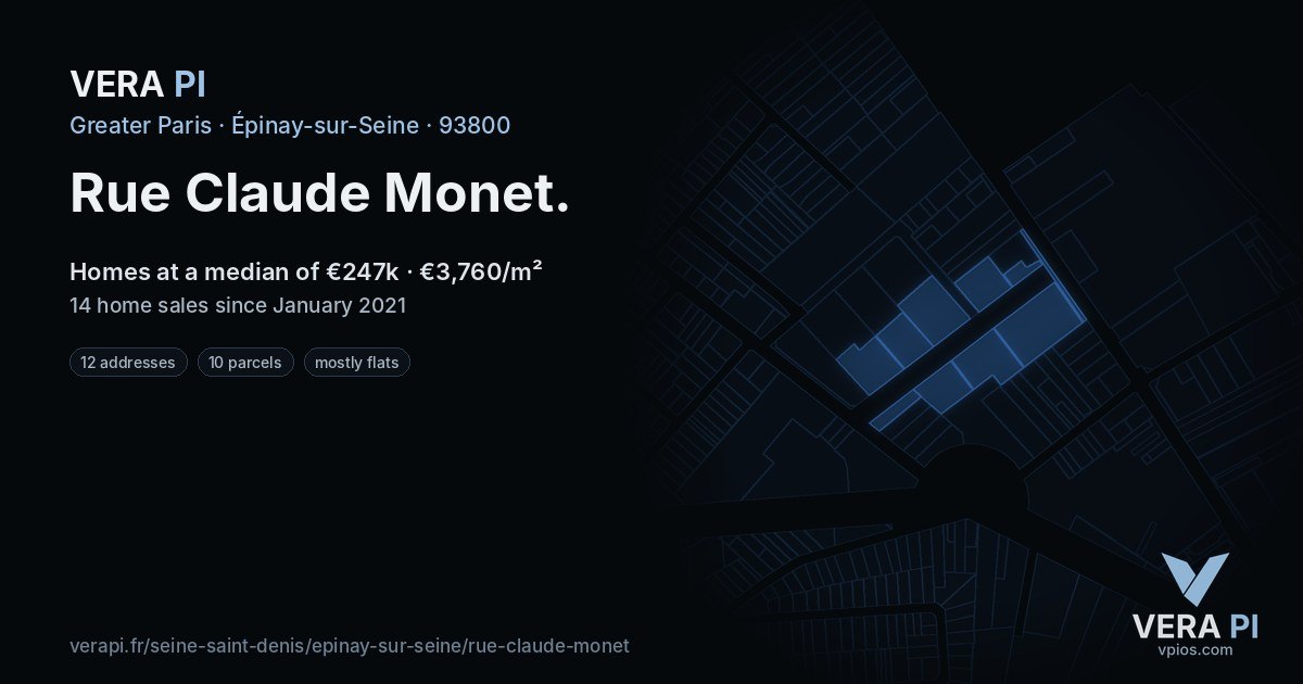 Rue Claude Monet, Épinay-sur-Seine at night – every parcel coloured by the prices around it, the street's own parcels lit