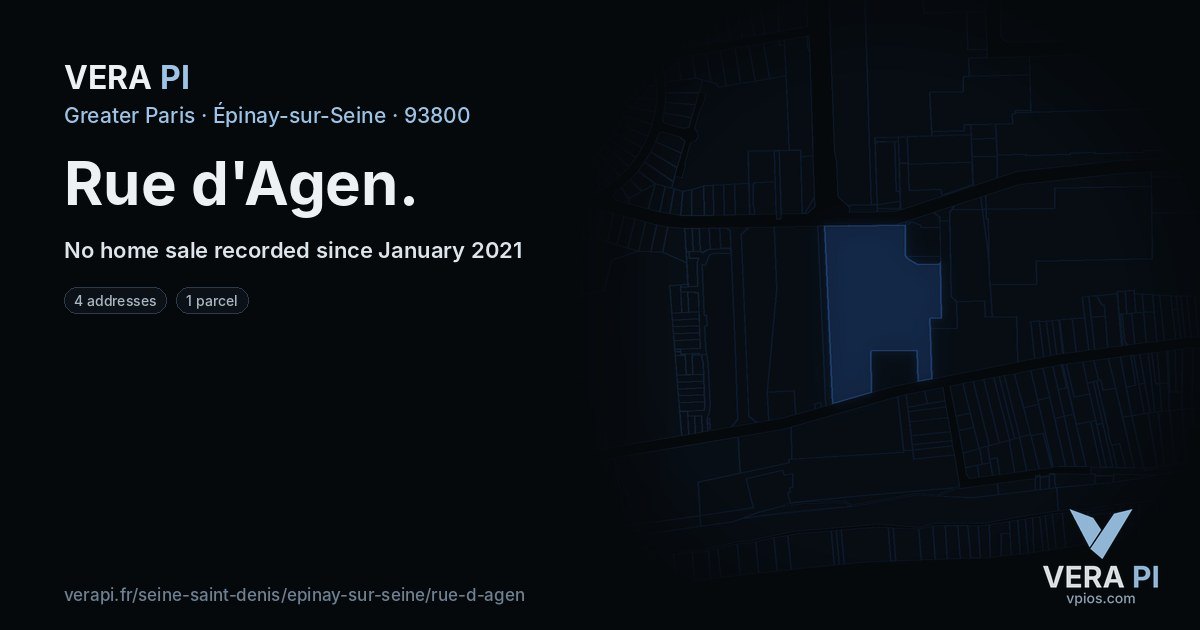 Rue d'Agen, Épinay-sur-Seine at night – every parcel coloured by the prices around it, the street's own parcels lit