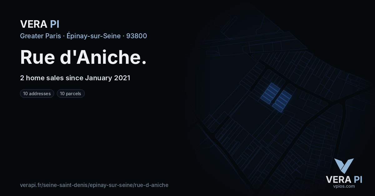Rue d'Aniche, Épinay-sur-Seine at night – every parcel coloured by the prices around it, the street's own parcels lit