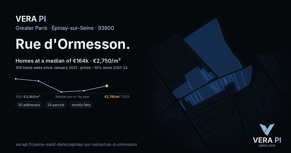 Rue d'Ormesson, Épinay-sur-Seine at night – every parcel coloured by the prices around it, the street's own parcels lit