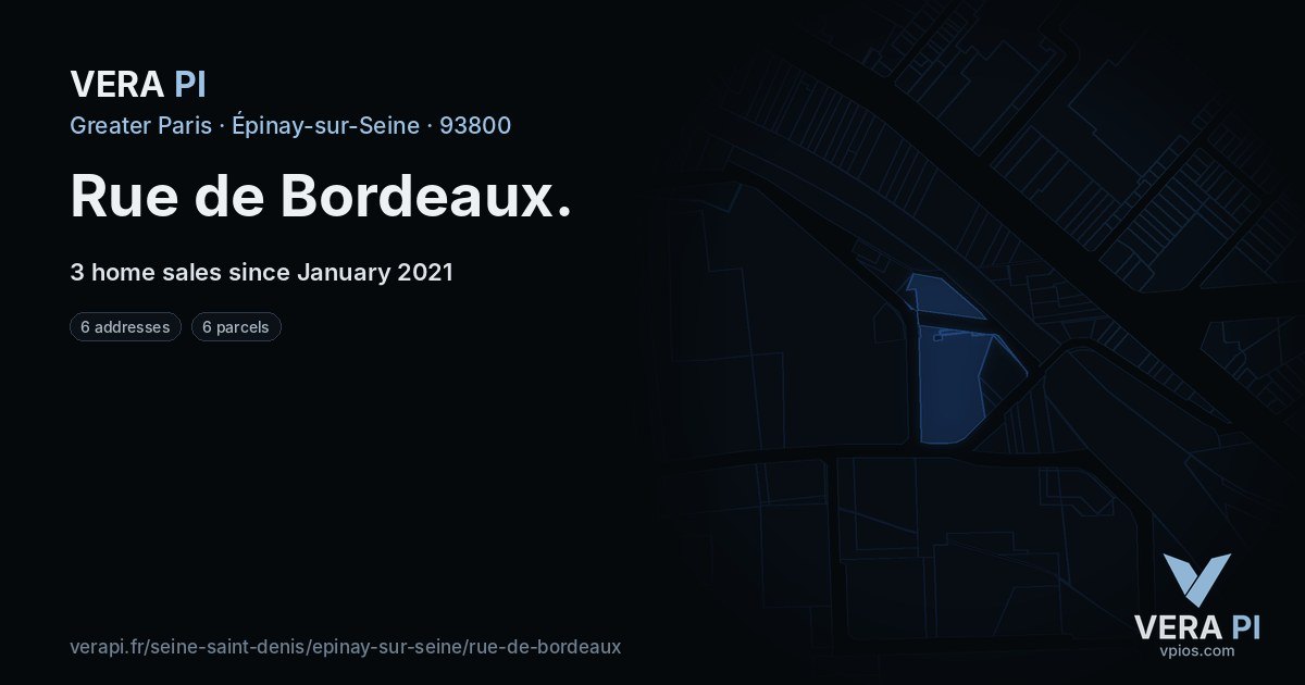 Rue de Bordeaux, Épinay-sur-Seine at night – every parcel coloured by the prices around it, the street's own parcels lit