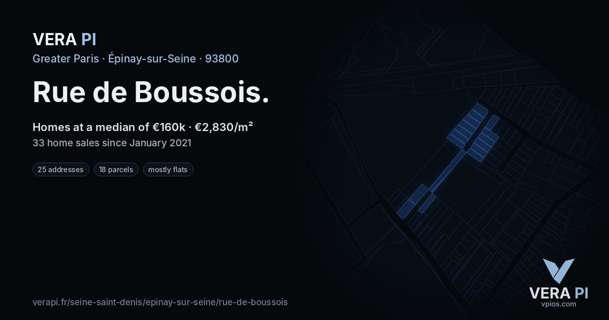 Rue de Boussois, Épinay-sur-Seine at night – every parcel coloured by the prices around it, the street's own parcels lit