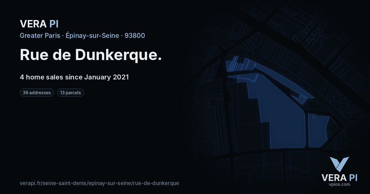 Rue de Dunkerque, Épinay-sur-Seine at night – every parcel coloured by the prices around it, the street's own parcels lit