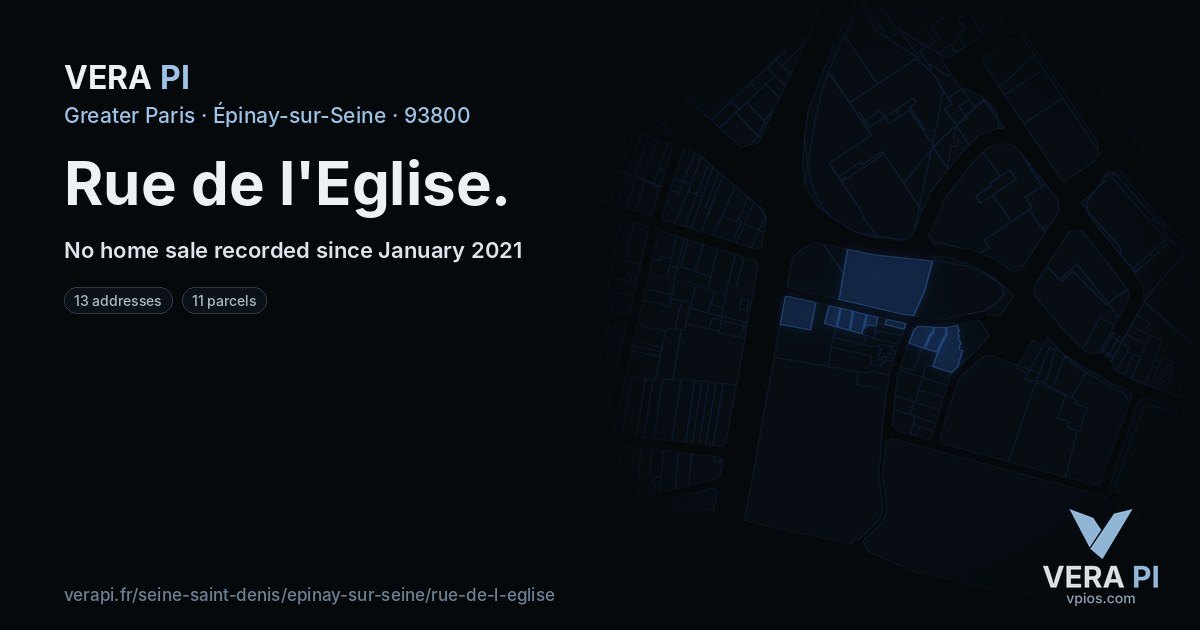 Rue de l'Eglise, Épinay-sur-Seine at night – every parcel coloured by the prices around it, the street's own parcels lit
