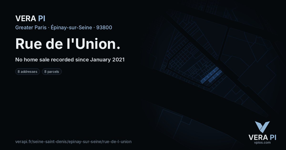 Rue de l'Union, Épinay-sur-Seine at night – every parcel coloured by the prices around it, the street's own parcels lit
