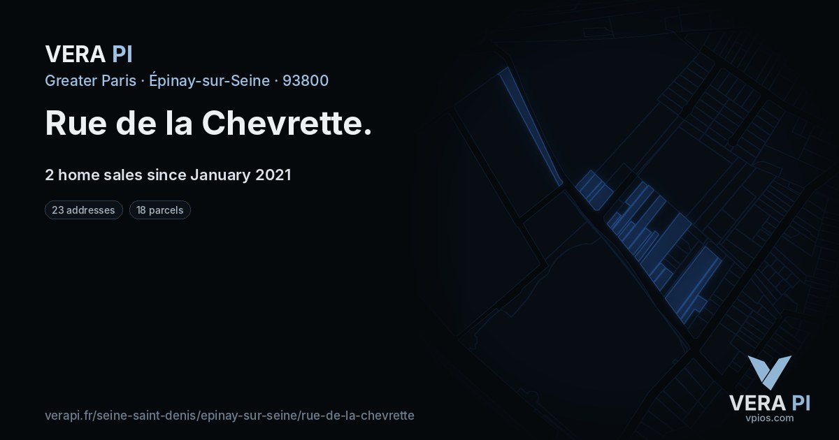 Rue de la Chevrette, Épinay-sur-Seine at night – every parcel coloured by the prices around it, the street's own parcels lit
