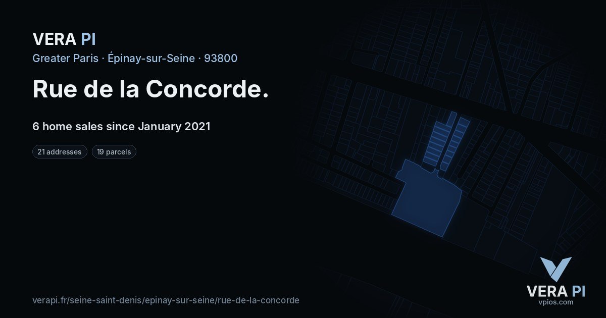 Rue de la Concorde, Épinay-sur-Seine at night – every parcel coloured by the prices around it, the street's own parcels lit