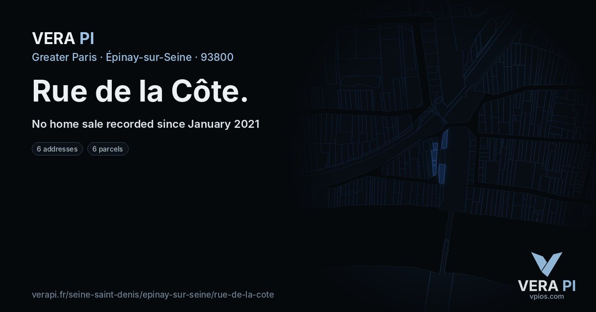 Rue de la Côte, Épinay-sur-Seine at night – every parcel coloured by the prices around it, the street's own parcels lit