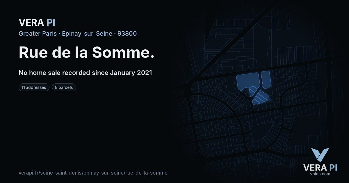 Rue de la Somme, Épinay-sur-Seine at night – every parcel coloured by the prices around it, the street's own parcels lit