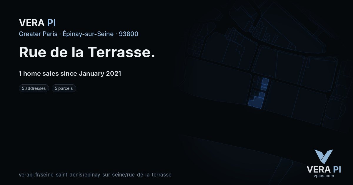 Rue de la Terrasse, Épinay-sur-Seine at night – every parcel coloured by the prices around it, the street's own parcels lit