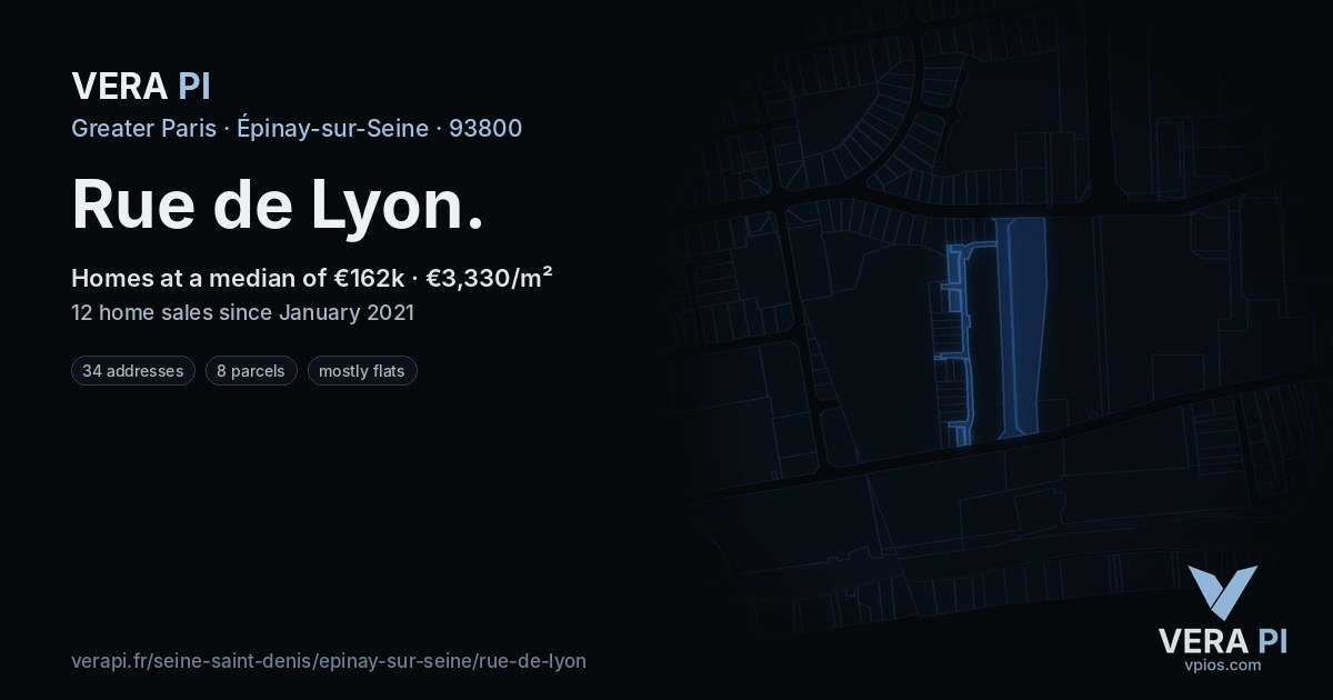 Rue de Lyon, Épinay-sur-Seine at night – every parcel coloured by the prices around it, the street's own parcels lit