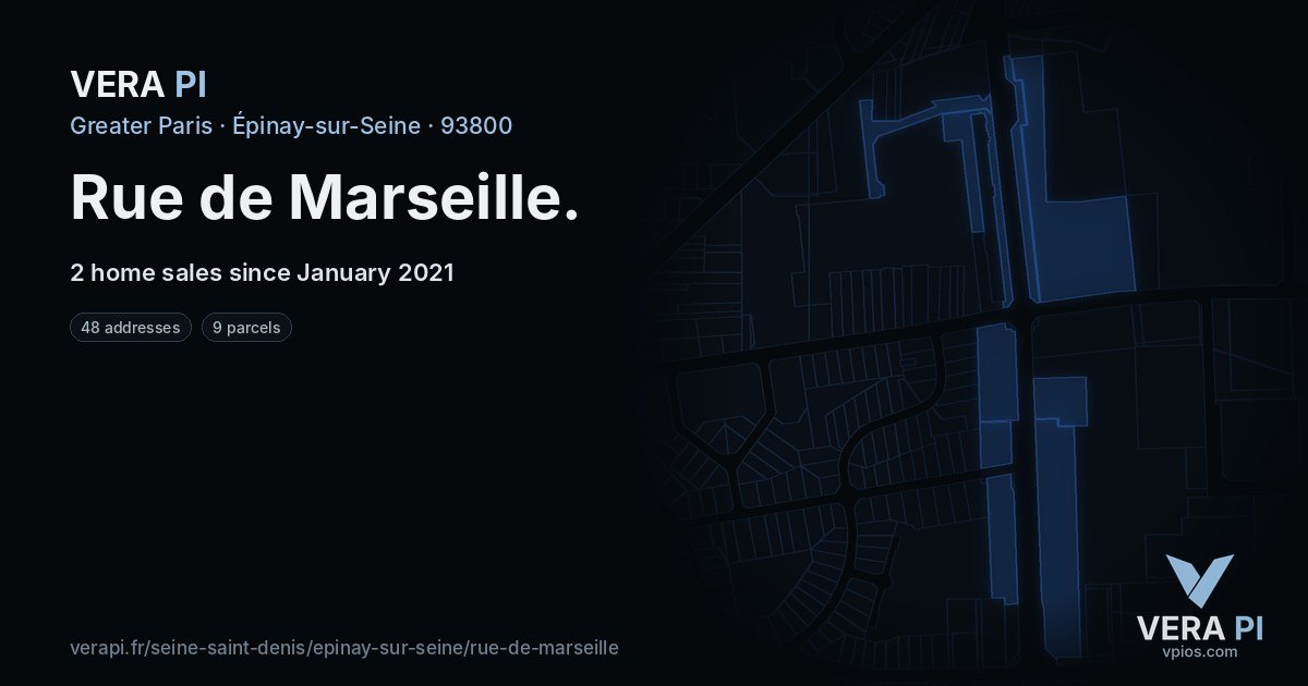 Rue de Marseille, Épinay-sur-Seine at night – every parcel coloured by the prices around it, the street's own parcels lit