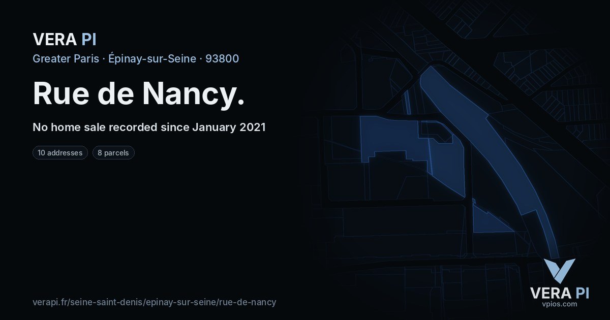 Rue de Nancy, Épinay-sur-Seine at night – every parcel coloured by the prices around it, the street's own parcels lit