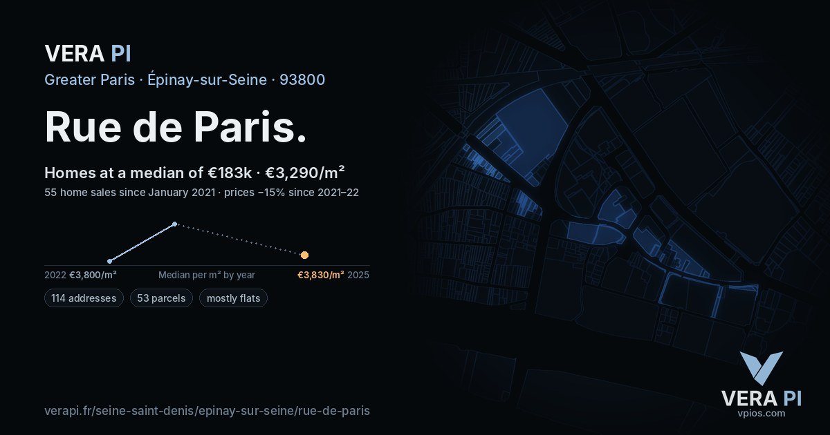 Rue de Paris, Épinay-sur-Seine at night – every parcel coloured by the prices around it, the street's own parcels lit