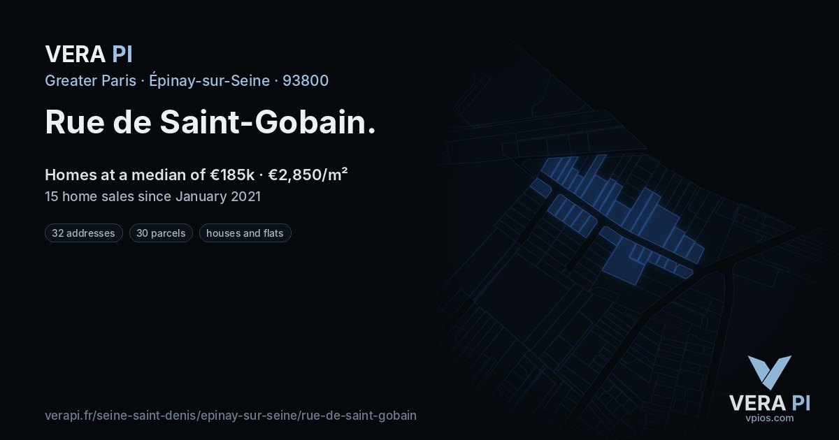 Rue de Saint-Gobain, Épinay-sur-Seine at night – every parcel coloured by the prices around it, the street's own parcels lit