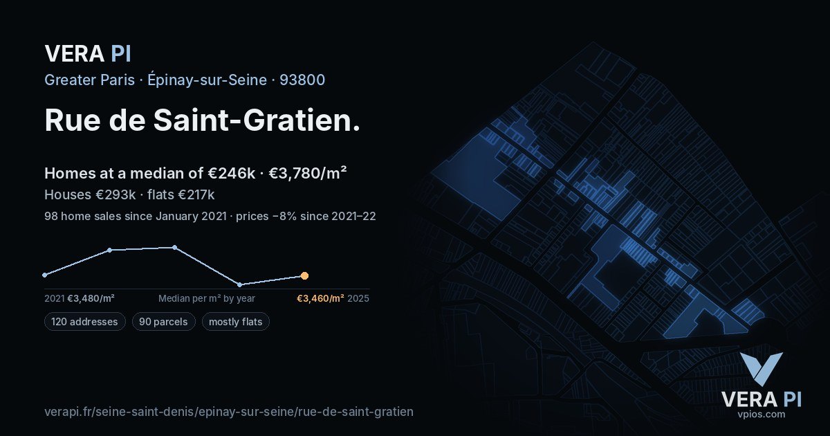 Rue de Saint-Gratien, Épinay-sur-Seine at night – every parcel coloured by the prices around it, the street's own parcels lit