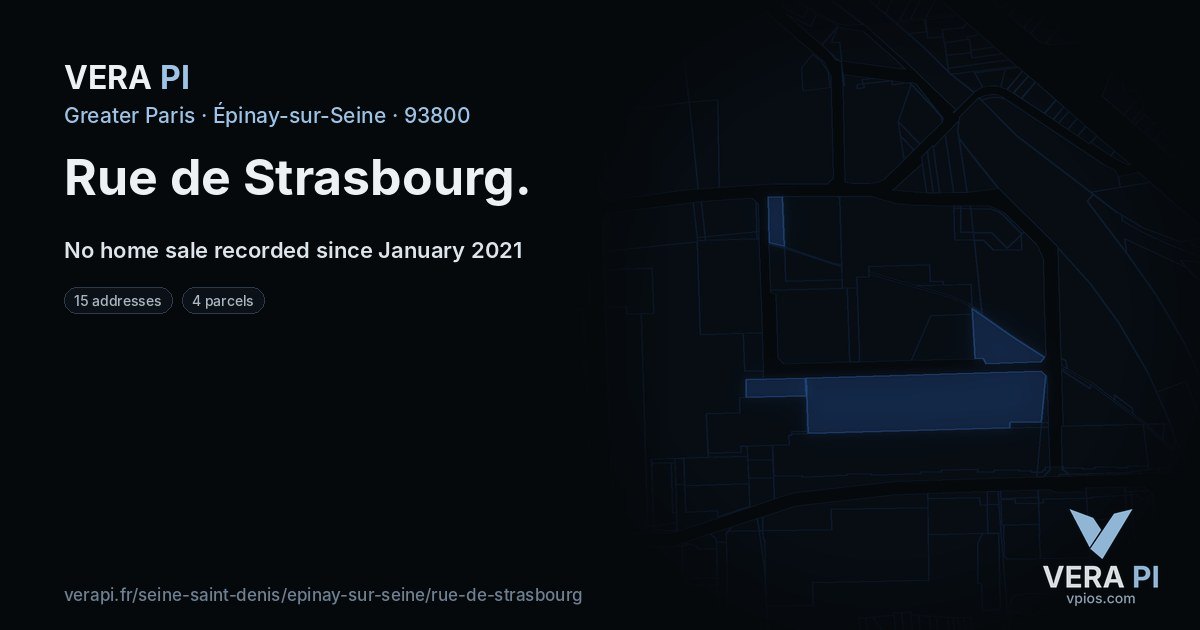 Rue de Strasbourg, Épinay-sur-Seine at night – every parcel coloured by the prices around it, the street's own parcels lit