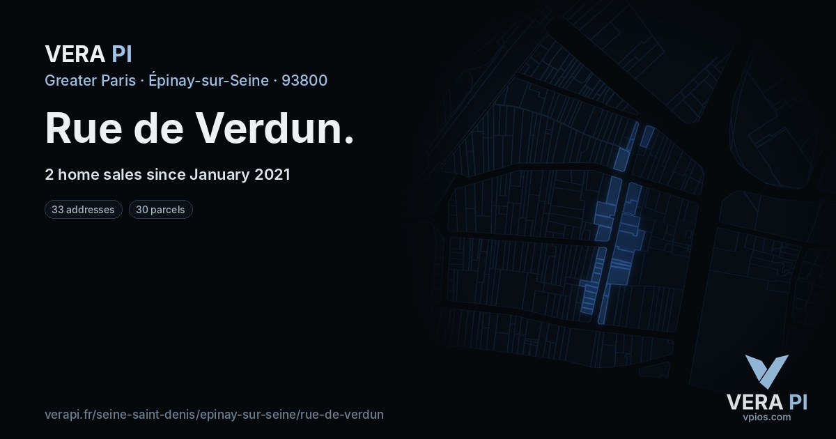Rue de Verdun, Épinay-sur-Seine at night – every parcel coloured by the prices around it, the street's own parcels lit
