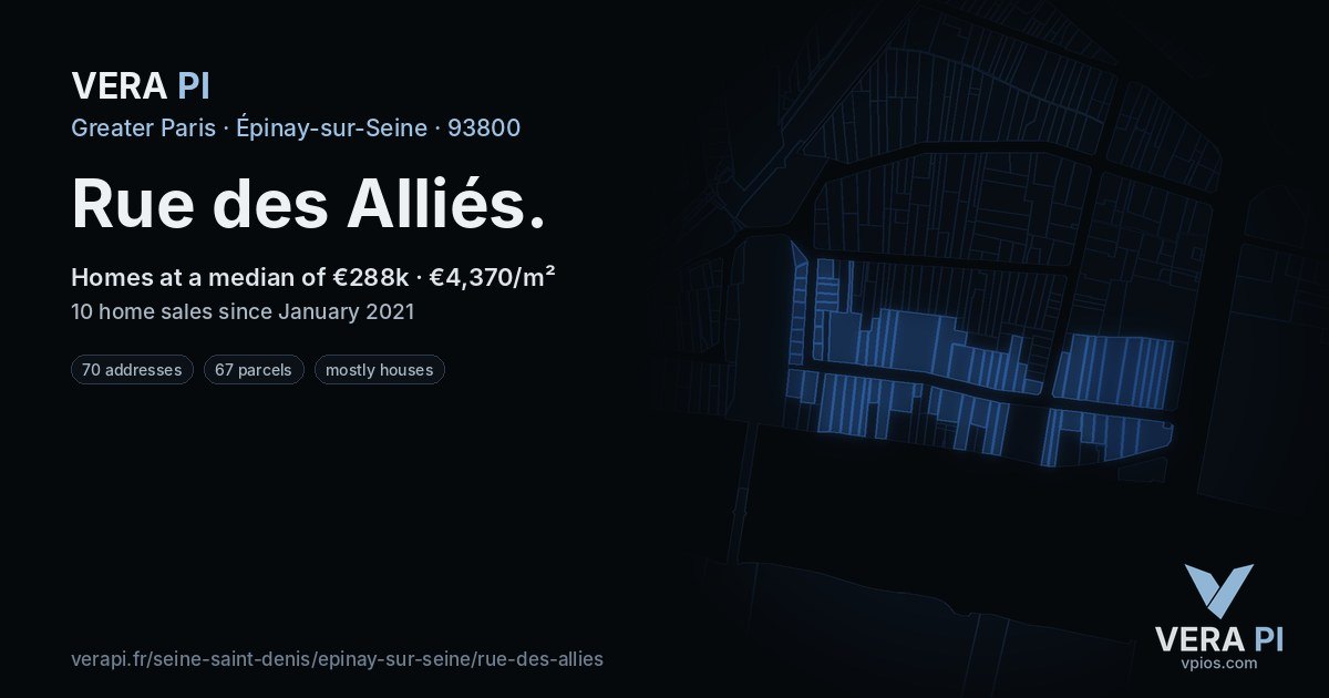 Rue des Alliés, Épinay-sur-Seine at night – every parcel coloured by the prices around it, the street's own parcels lit