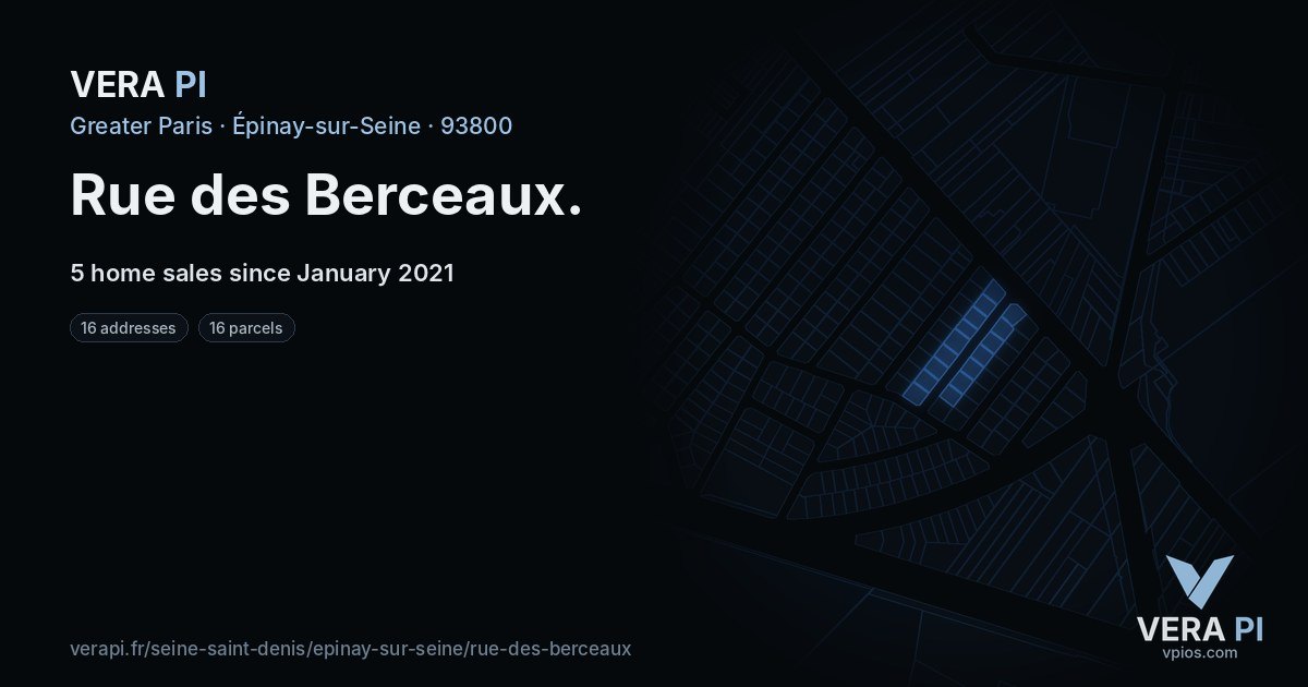 Rue des Berceaux, Épinay-sur-Seine at night – every parcel coloured by the prices around it, the street's own parcels lit