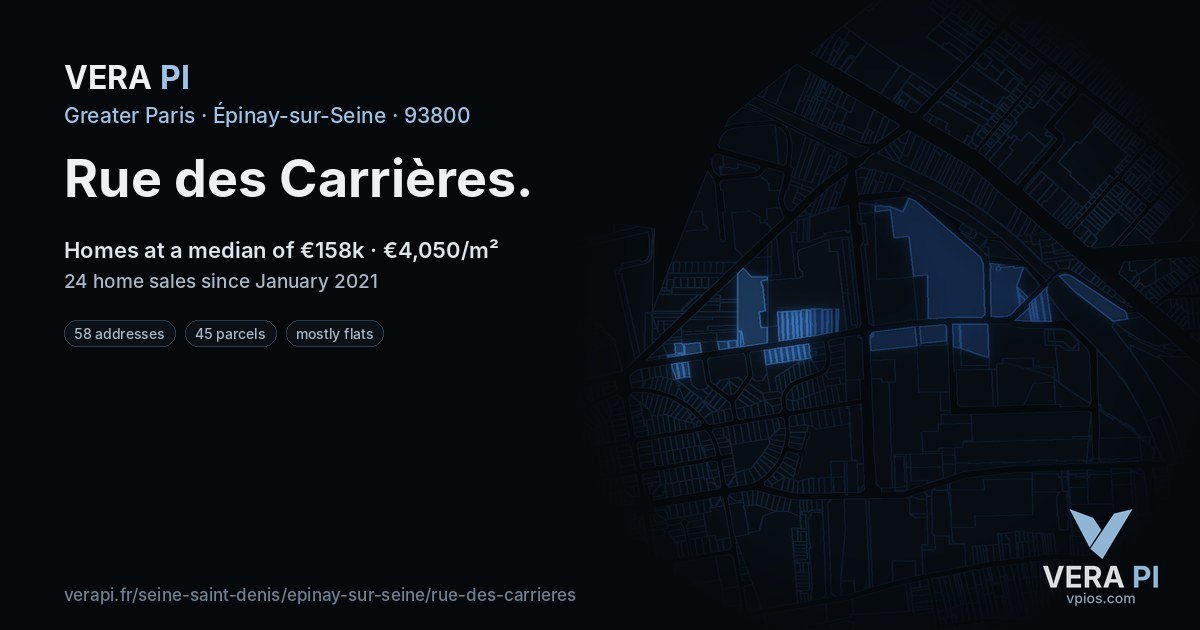 Rue des Carrières, Épinay-sur-Seine at night – every parcel coloured by the prices around it, the street's own parcels lit