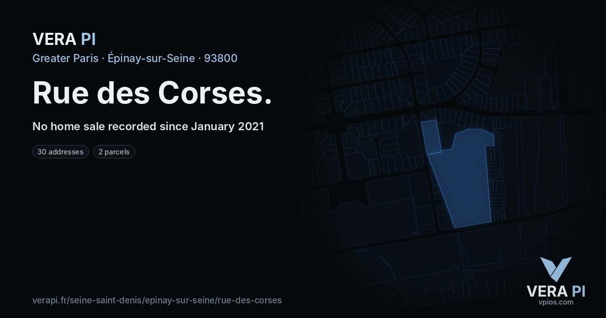 Rue des Corses, Épinay-sur-Seine at night – every parcel coloured by the prices around it, the street's own parcels lit