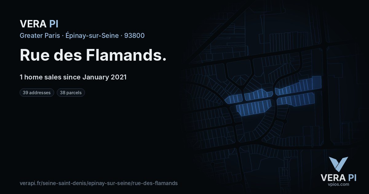 Rue des Flamands, Épinay-sur-Seine at night – every parcel coloured by the prices around it, the street's own parcels lit