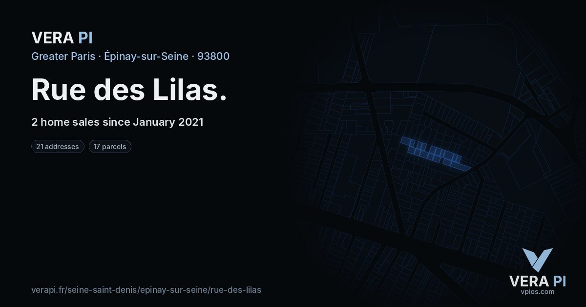 Rue des Lilas, Épinay-sur-Seine at night – every parcel coloured by the prices around it, the street's own parcels lit