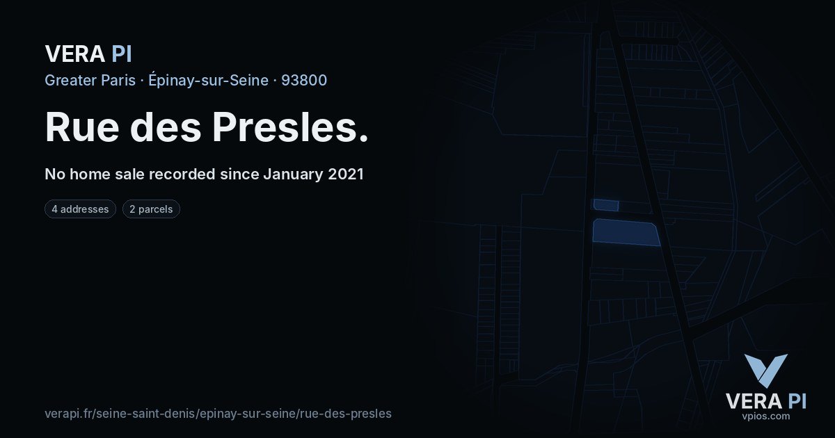 Rue des Presles, Épinay-sur-Seine at night – every parcel coloured by the prices around it, the street's own parcels lit