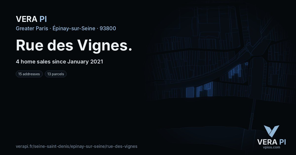 Rue des Vignes, Épinay-sur-Seine at night – every parcel coloured by the prices around it, the street's own parcels lit