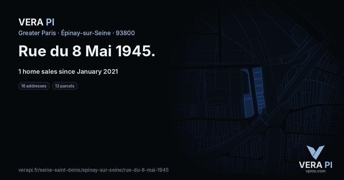 Rue du 8 Mai 1945, Épinay-sur-Seine at night – every parcel coloured by the prices around it, the street's own parcels lit