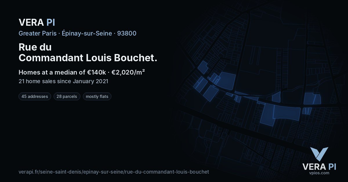 Rue du Commandant Louis Bouchet, Épinay-sur-Seine at night – every parcel coloured by the prices around it, the street's own parcels lit