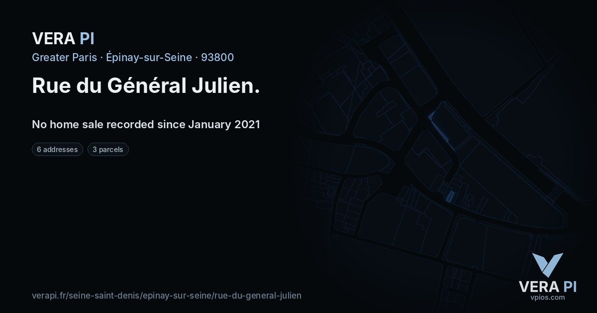Rue du Général Julien, Épinay-sur-Seine at night – every parcel coloured by the prices around it, the street's own parcels lit