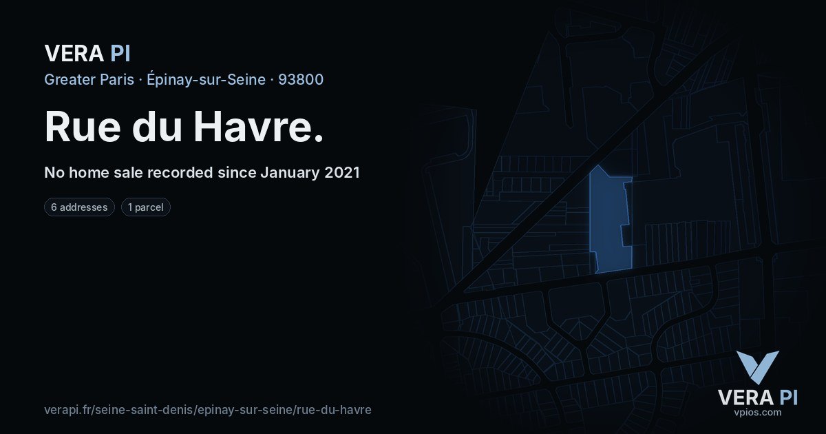 Rue du Havre, Épinay-sur-Seine at night – every parcel coloured by the prices around it, the street's own parcels lit