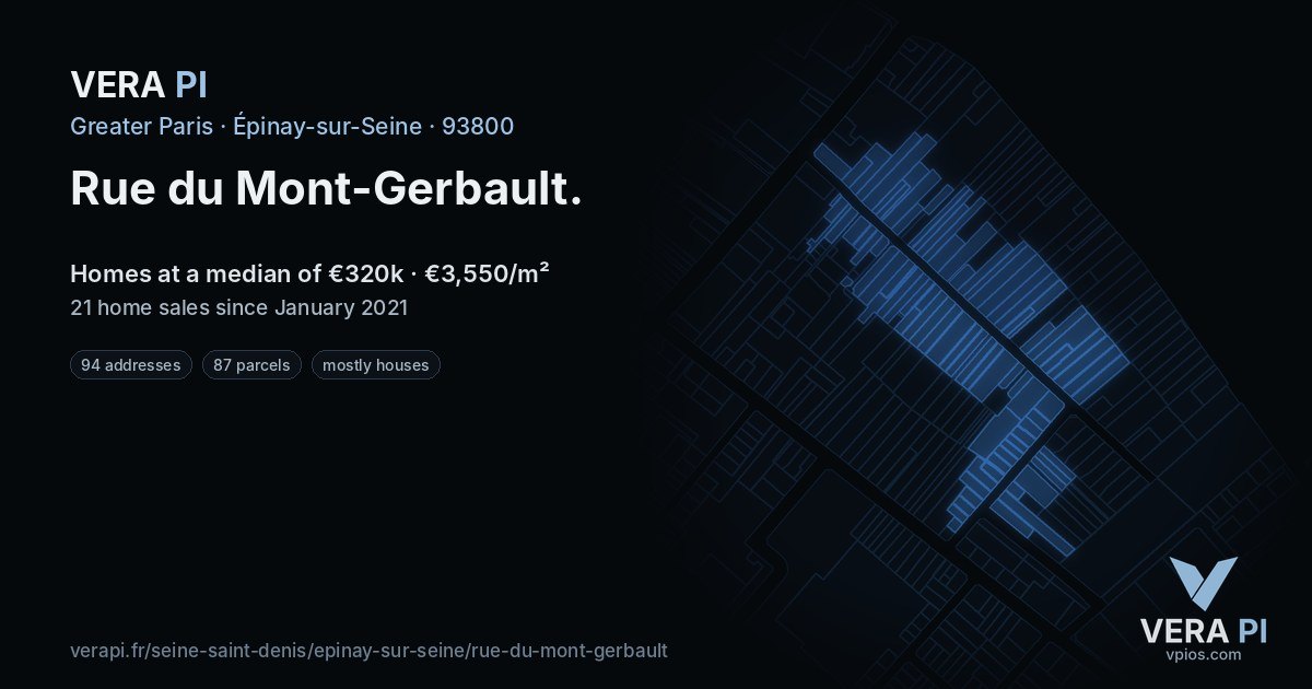 Rue du Mont-Gerbault, Épinay-sur-Seine at night – every parcel coloured by the prices around it, the street's own parcels lit