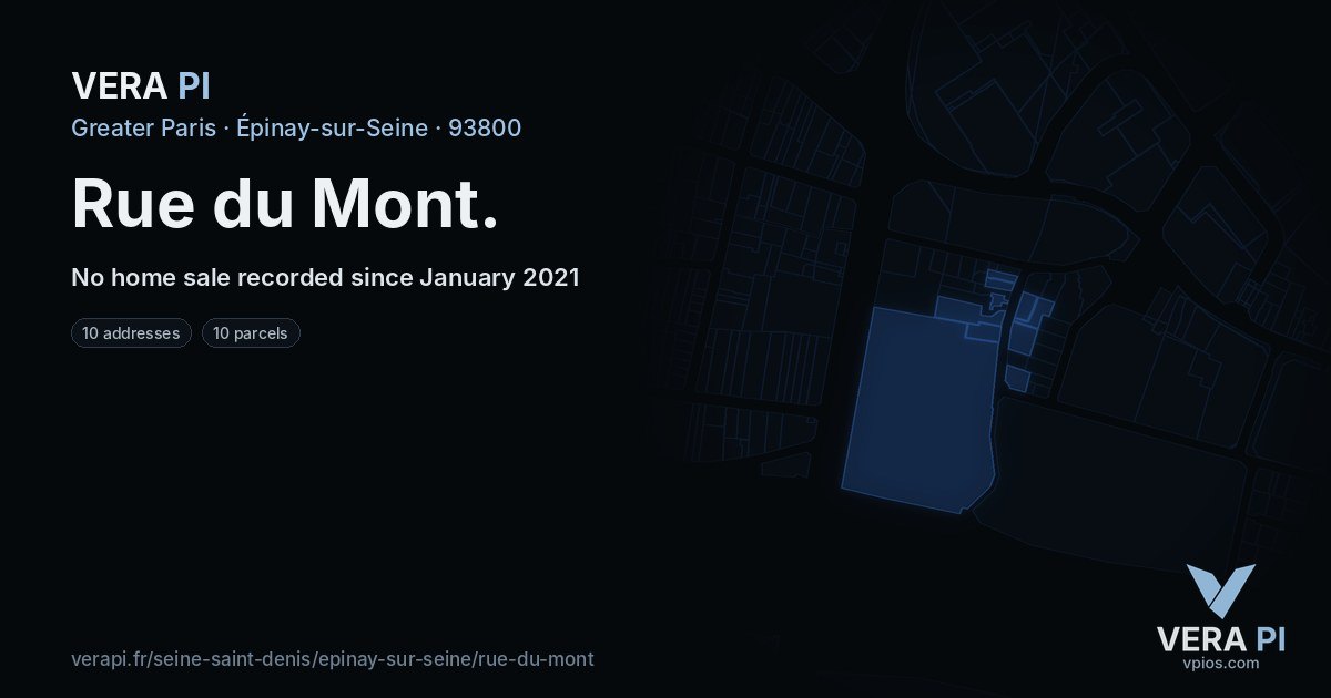 Rue du Mont, Épinay-sur-Seine at night – every parcel coloured by the prices around it, the street's own parcels lit