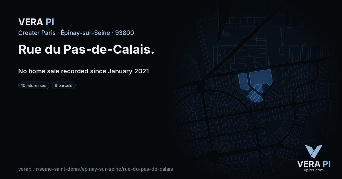 Rue du Pas-de-Calais, Épinay-sur-Seine at night – every parcel coloured by the prices around it, the street's own parcels lit