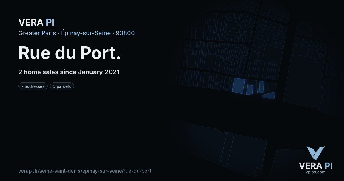 Rue du Port, Épinay-sur-Seine at night – every parcel coloured by the prices around it, the street's own parcels lit
