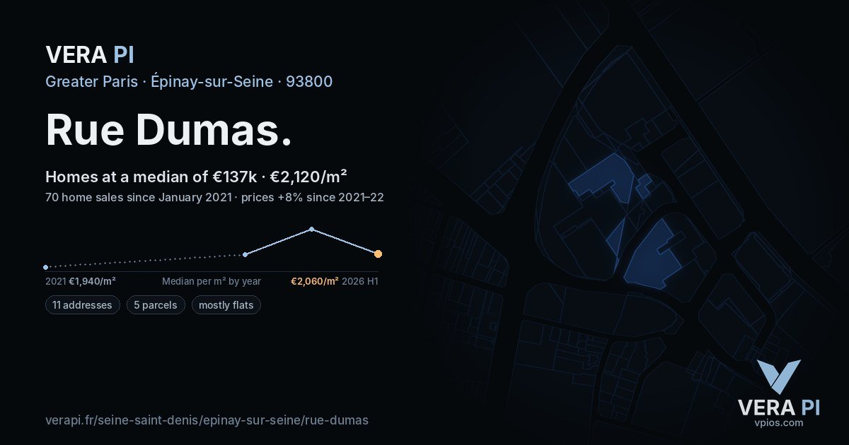 Rue Dumas, Épinay-sur-Seine at night – every parcel coloured by the prices around it, the street's own parcels lit