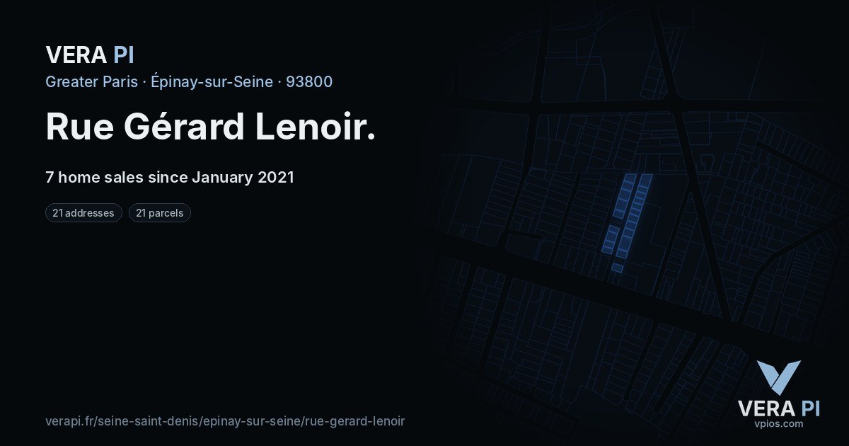 Rue Gérard Lenoir, Épinay-sur-Seine at night – every parcel coloured by the prices around it, the street's own parcels lit