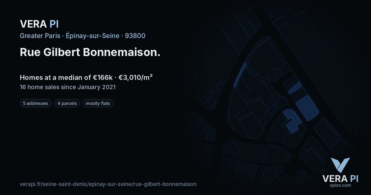 Rue Gilbert Bonnemaison, Épinay-sur-Seine at night – every parcel coloured by the prices around it, the street's own parcels lit