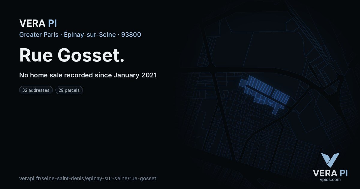 Rue Gosset, Épinay-sur-Seine at night – every parcel coloured by the prices around it, the street's own parcels lit