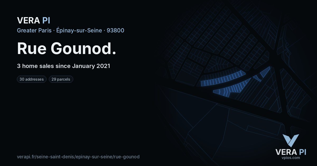 Rue Gounod, Épinay-sur-Seine at night – every parcel coloured by the prices around it, the street's own parcels lit